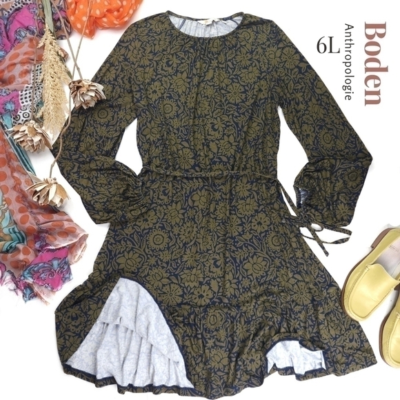 Boden Anthropologie Green Navy Floral Dress Viscose Sz 6L - Picture 1 of 11